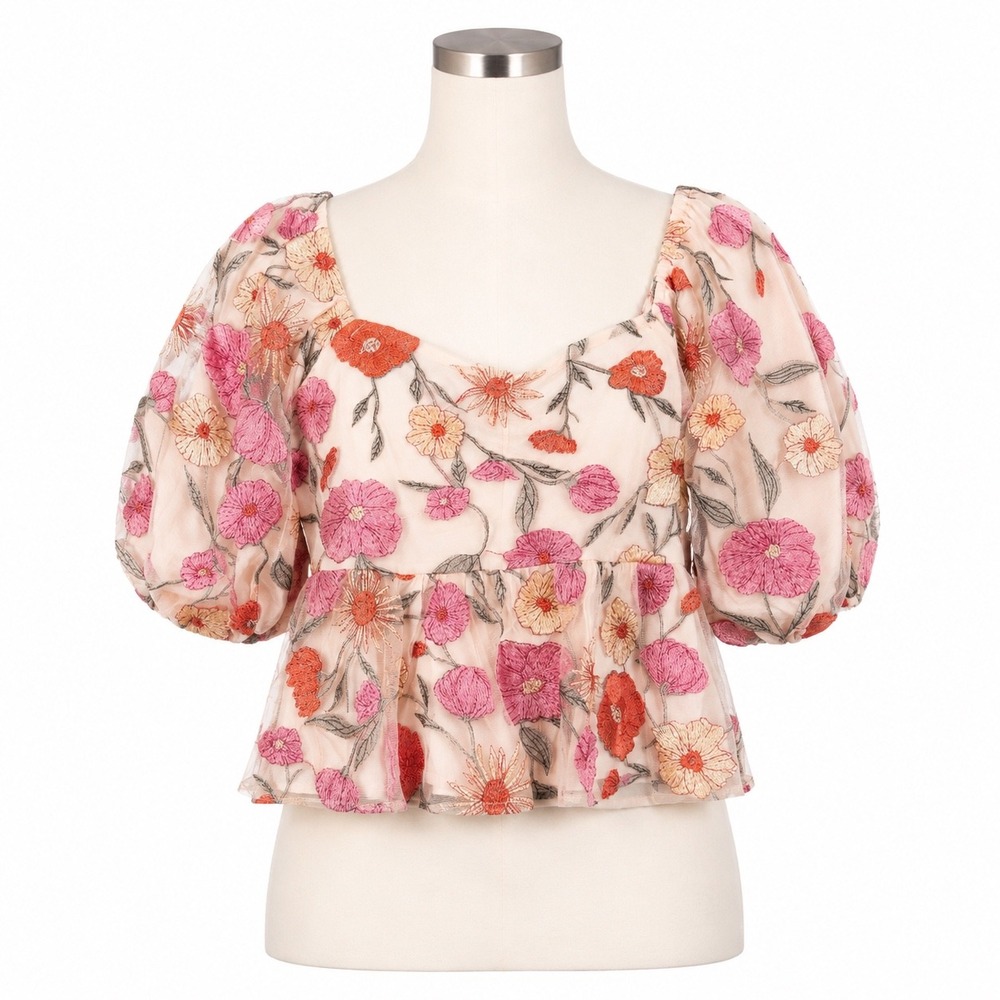Saltwater Lux Peplum Top Size Small Pink Floral Embroidered Puff Sleeve Smocked
